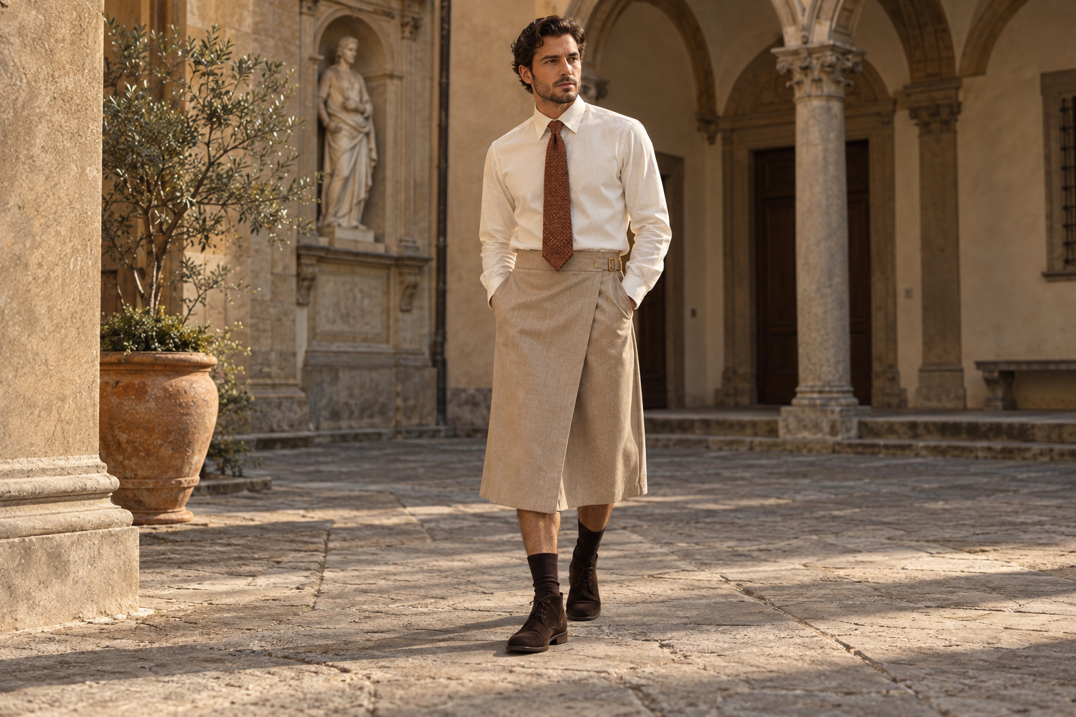 Uomo a Firenze con cravatta ruggine testurizzata e gonna uomo wrap midi sabbia.