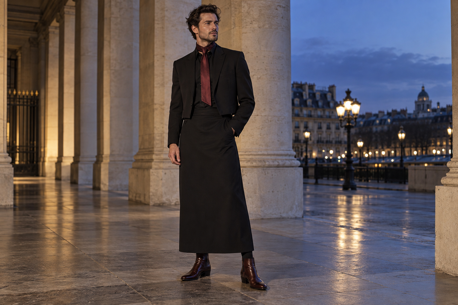Uomo a Parigi con lunga cravate oxblood e gonna uomo a colonna nera alla caviglia.