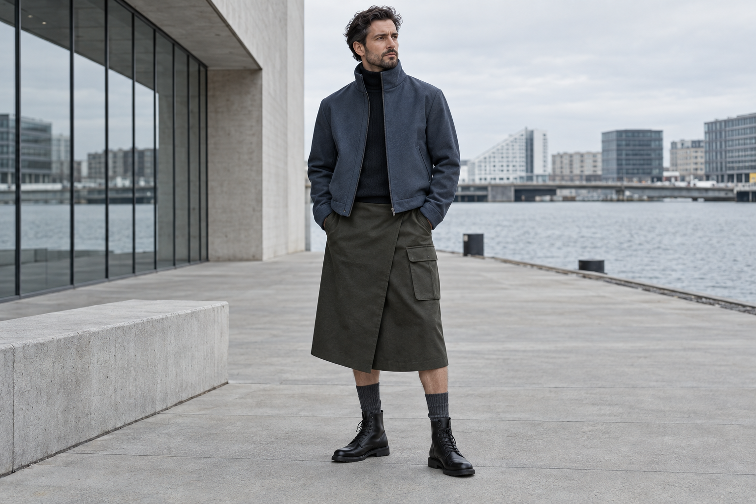 Homme à Copenhague en blouson bleu ardoise à col montant et jupe portefeuille utility olive-noir sous le genou.