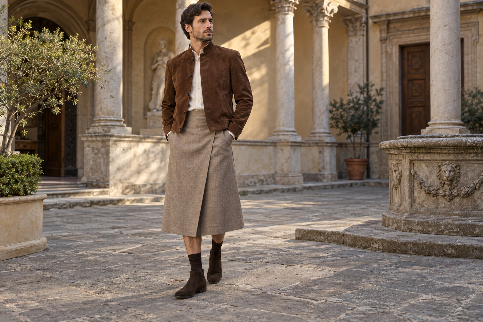 Homme à Florence en veste tabac à col officier et jupe homme portefeuille midi sable.