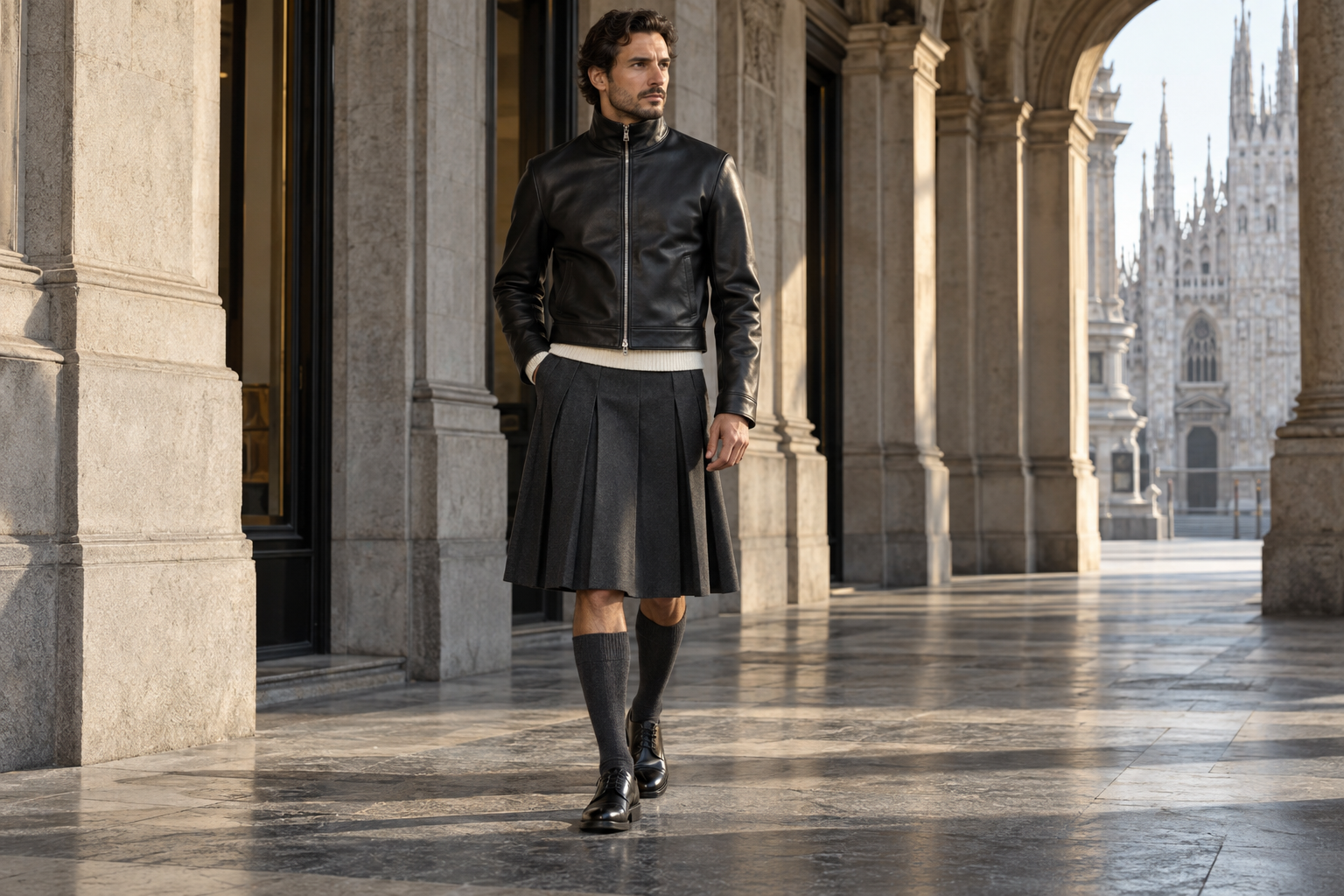 Homme à Milan en veste noire funnel neck et jupe homme plissée charbon au genou.