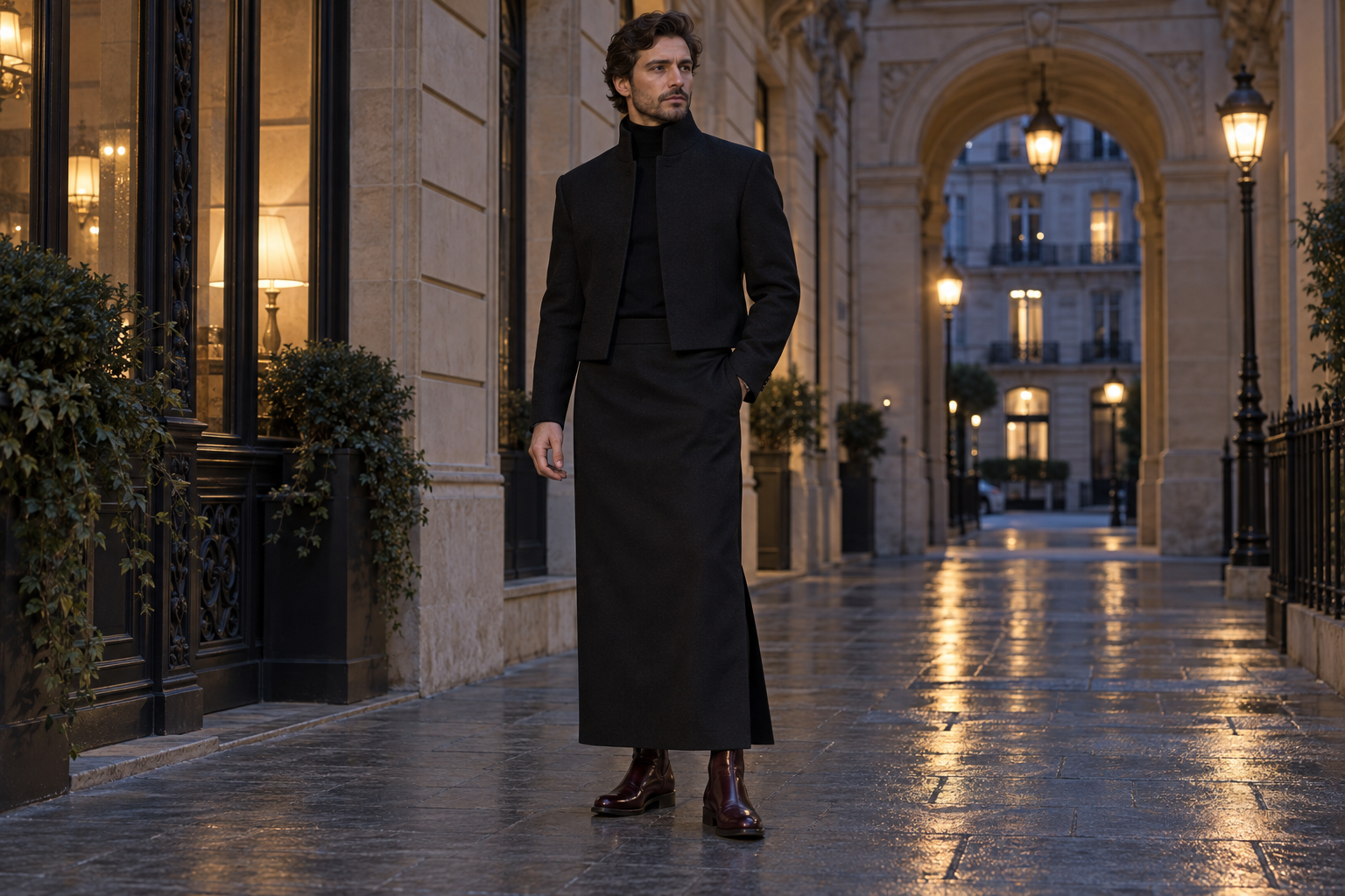 Homme à Paris en veste noire à col montant et jupe homme colonne noire à la cheville.