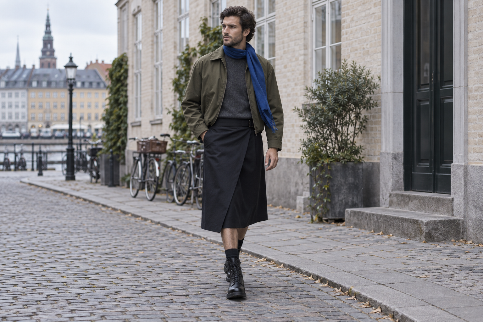 Copenaghen: foulard cobalto con utility wrap sotto il ginocchio.