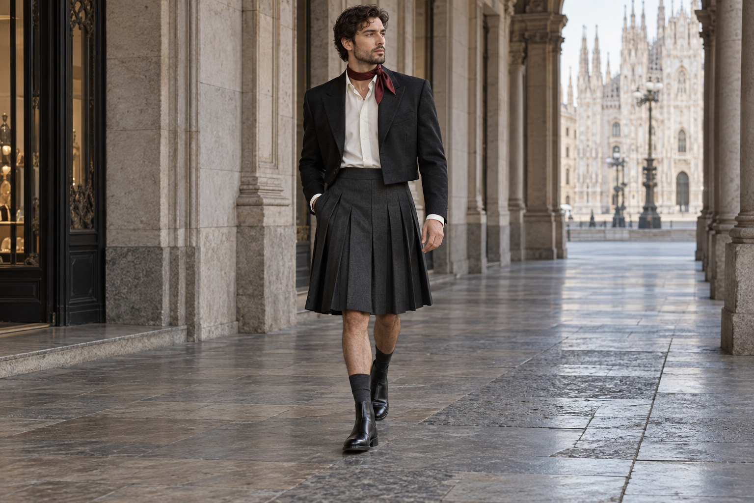 Milano: foulard bordeaux compatto con gonna uomo plissé al ginocchio.