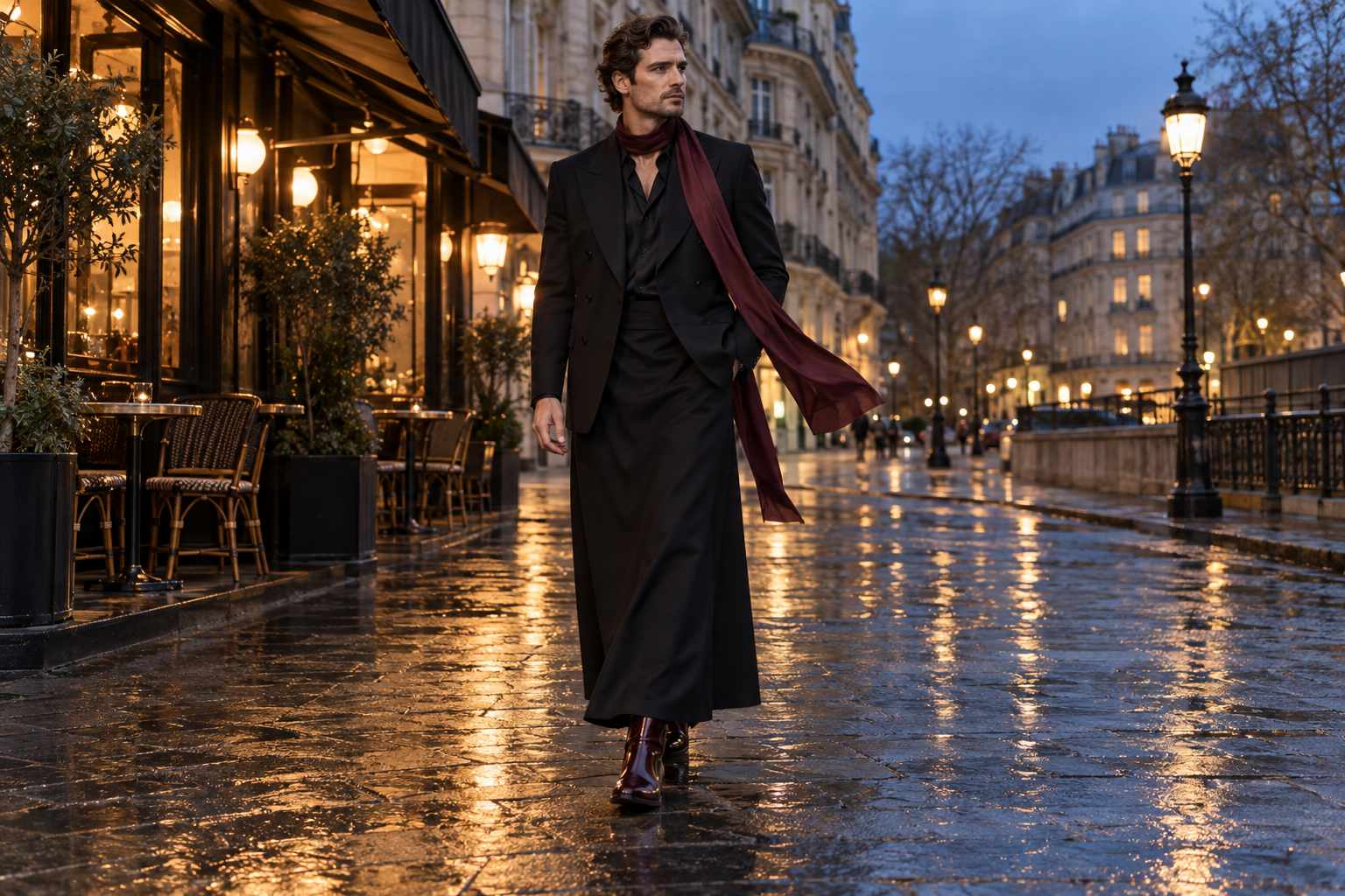 Parigi: lungo foulard bordeaux con gonna a colonna nera.