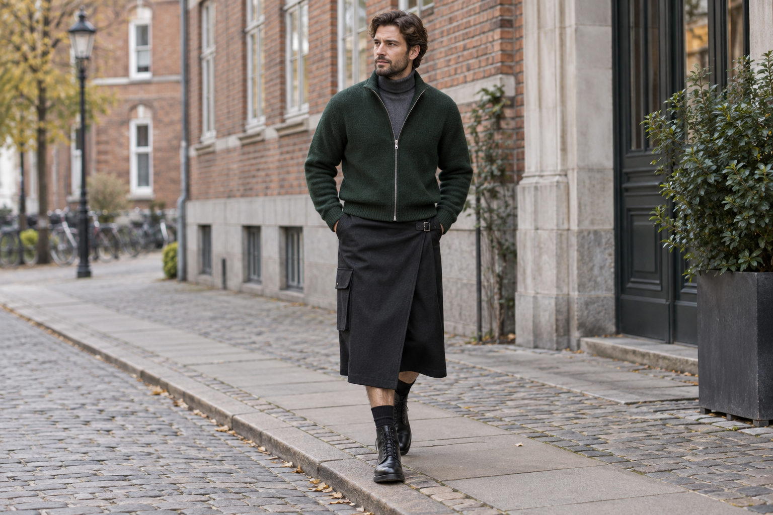 Copenhagen: forest-green zip cardigan with a dark utility wrap skirt.