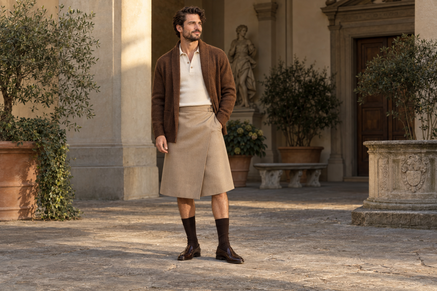 Florence: open tobacco shawl-collar cardigan with a sand midi wrap skirt.