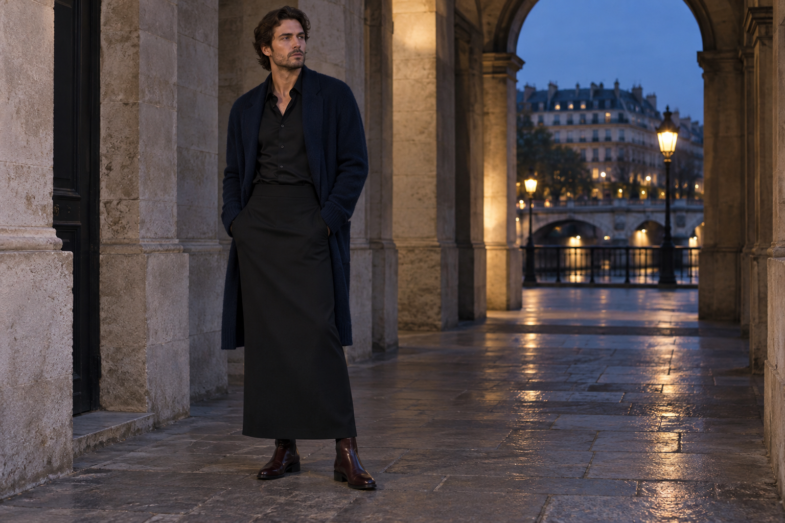 Paris: long midnight cardigan with a black column skirt.
