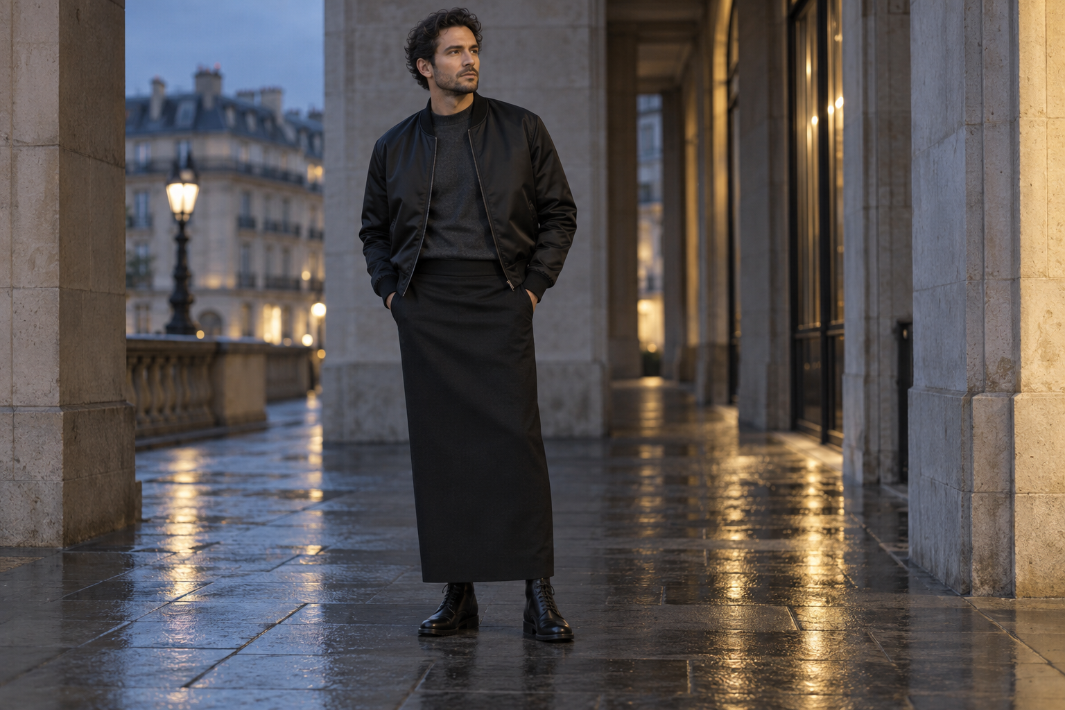 Paris: schwarze Satin-Bomberjacke zur knöchellangen schwarzen Säulen-Silhouette.
