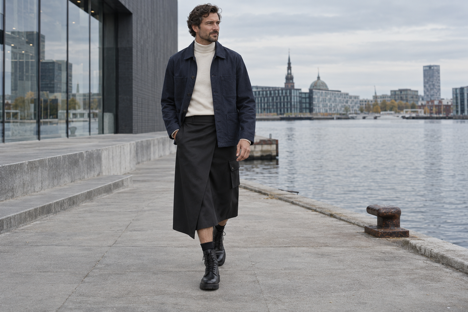 Copenhagen: black below-knee wrap skirt with chore jacket and lace-up boots.