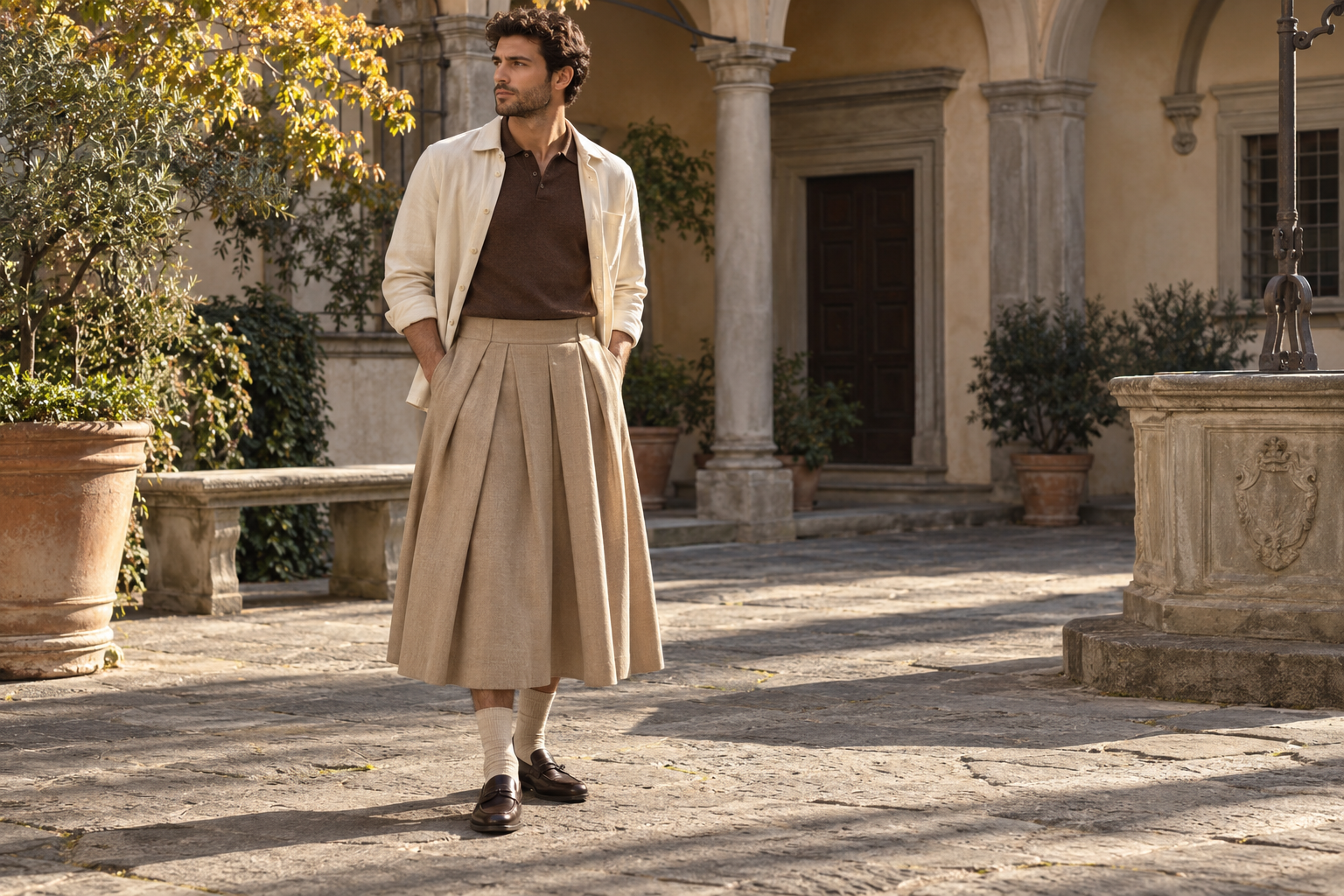 Florence: sand upper-calf men’s skirt with tobacco knitted polo and loafers.