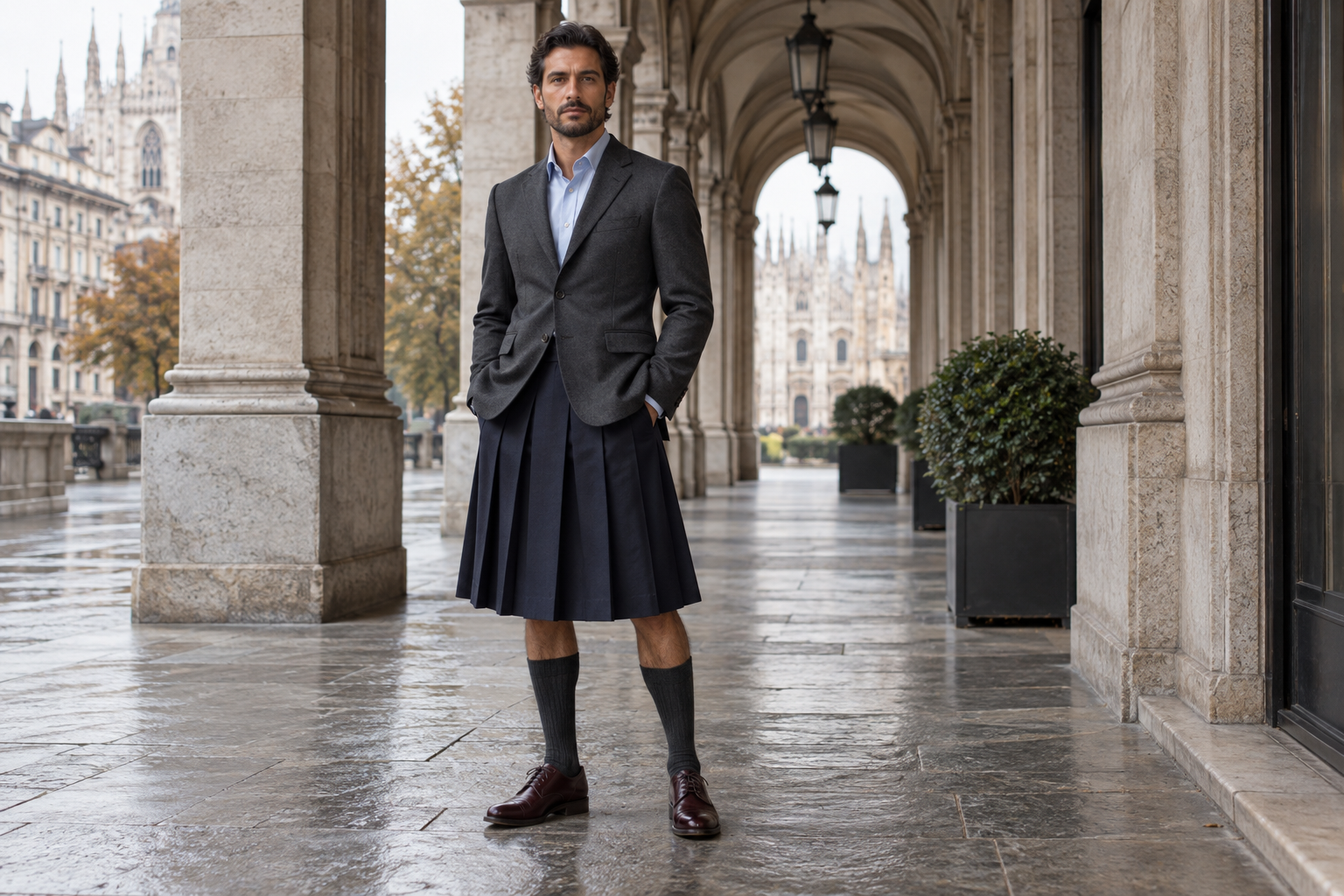 Milan: man in a deep navy knee-length pleated skirt, charcoal blazer and oxblood derbies.
