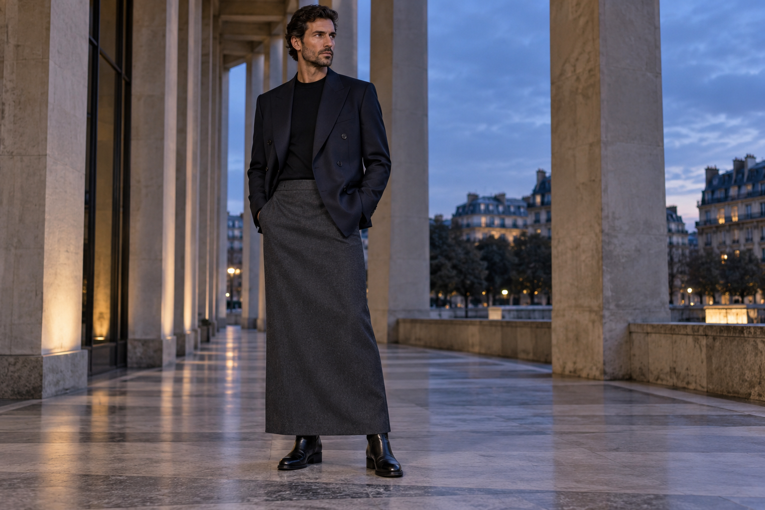 Paris: graphite ankle-length column skirt with midnight double-breasted blazer and black boots.