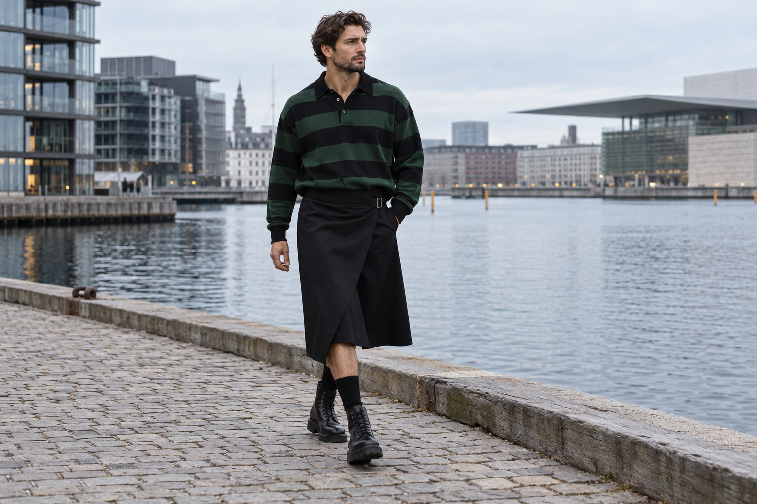 Copenhague : maillot rugby vert forêt et noir avec utility wrap sombre sous le genou.