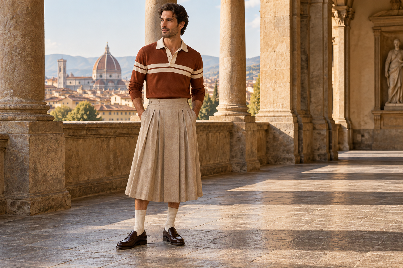 Florence : polo rugby tabac en maille avec jupe midi plissée sable.