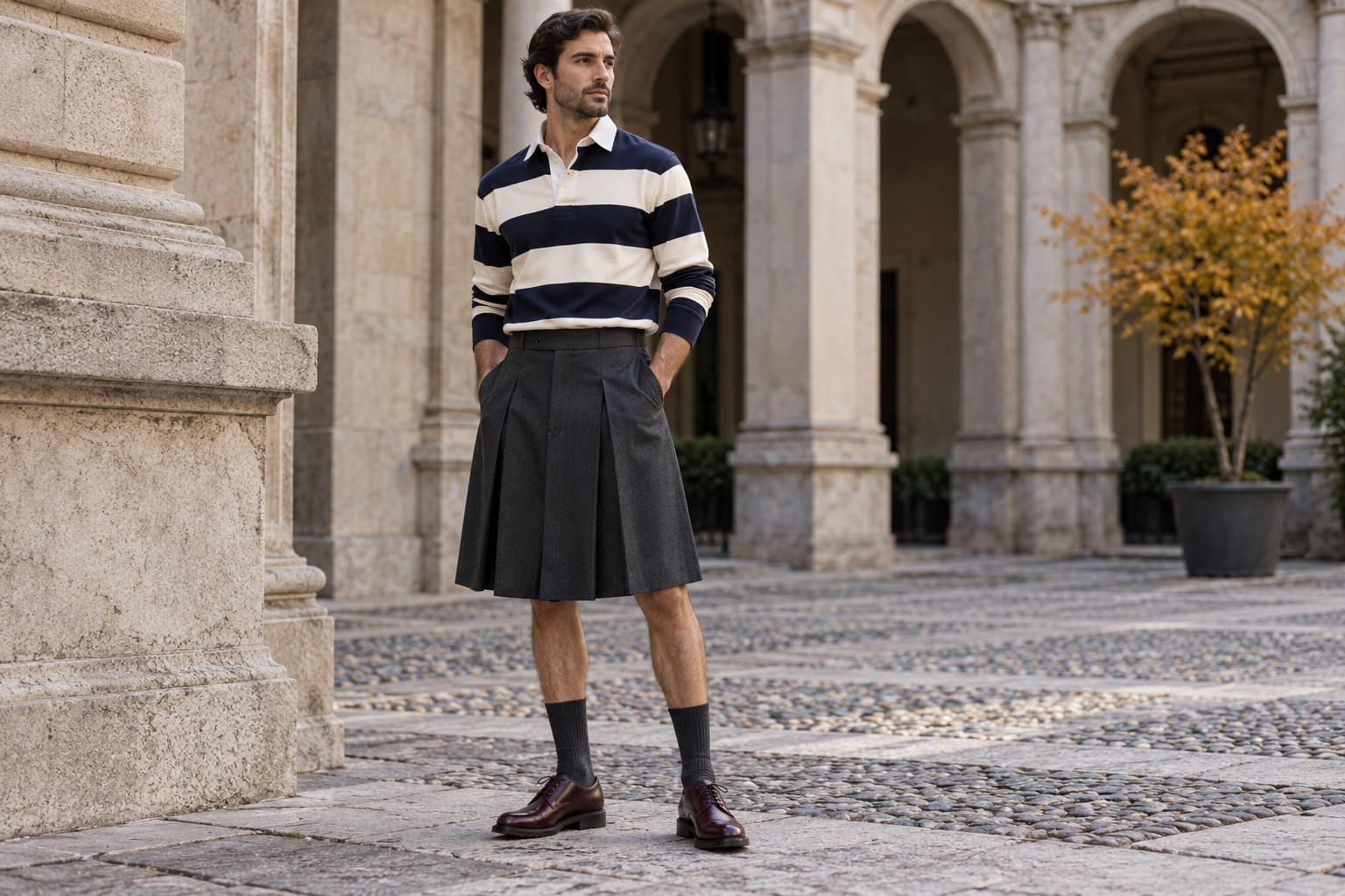 Milan : maillot rugby navy et ivoire avec jupe homme plissée anthracite au genou.