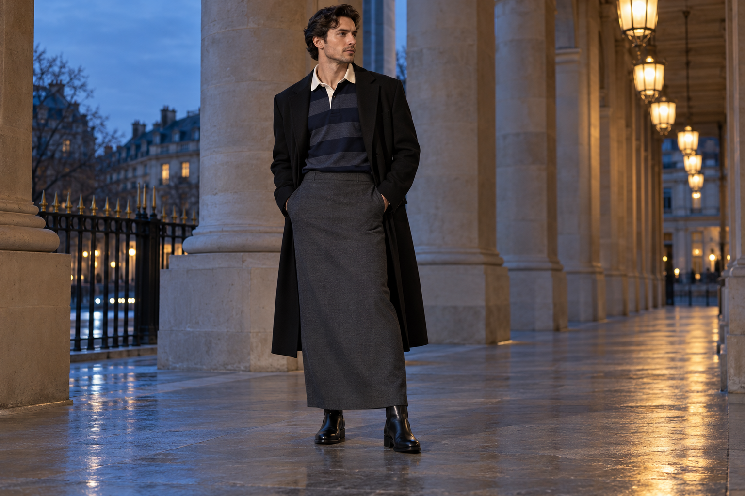 Paris : maillot rugby midnight et manteau noir avec longue jupe colonne graphite.